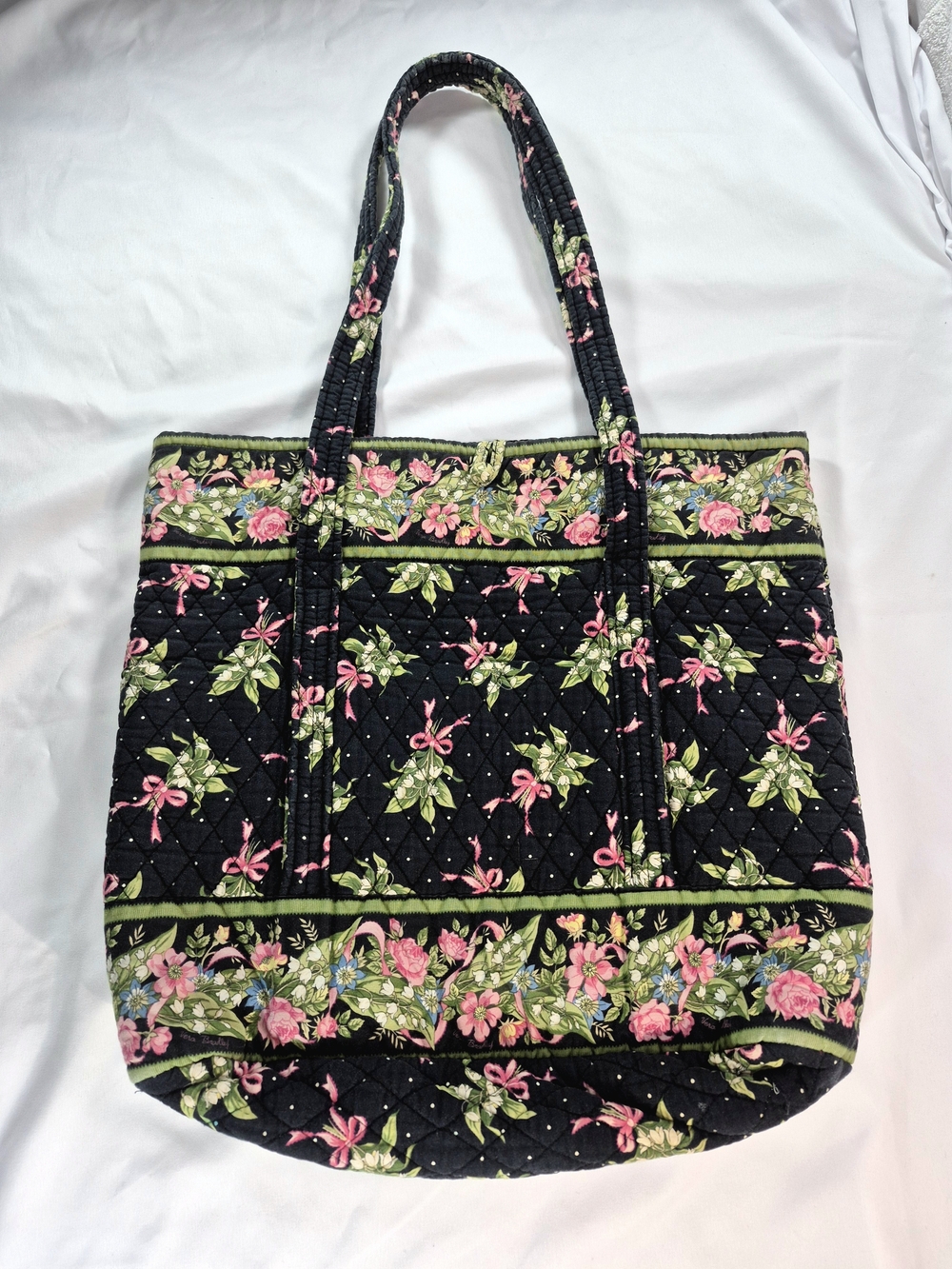 VTG Vera Bradley Retired New Hope Quilted LargeTote Bag Black Pink Ribbons Y2K